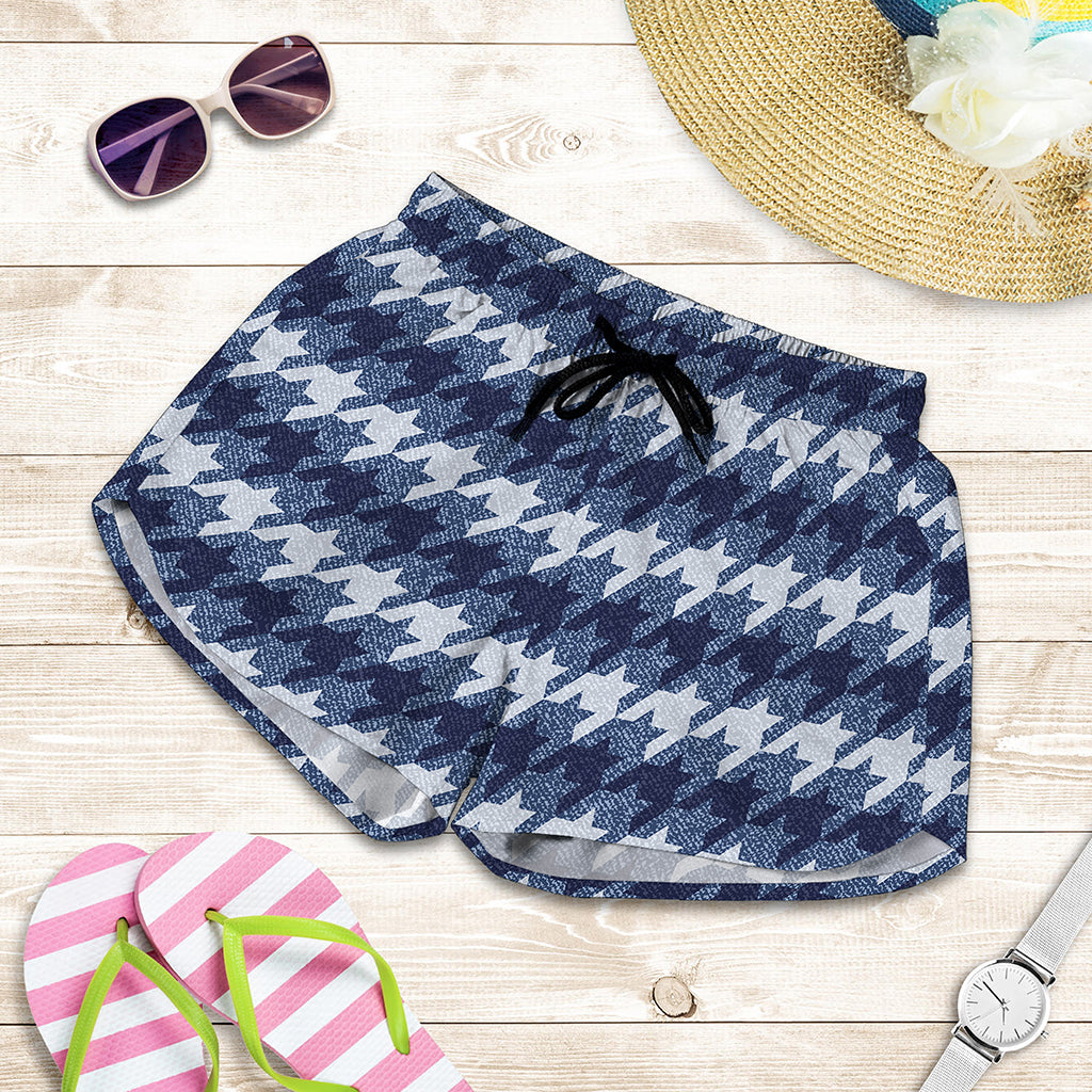 Denim Houndstooth Pattern Print Women's Shorts