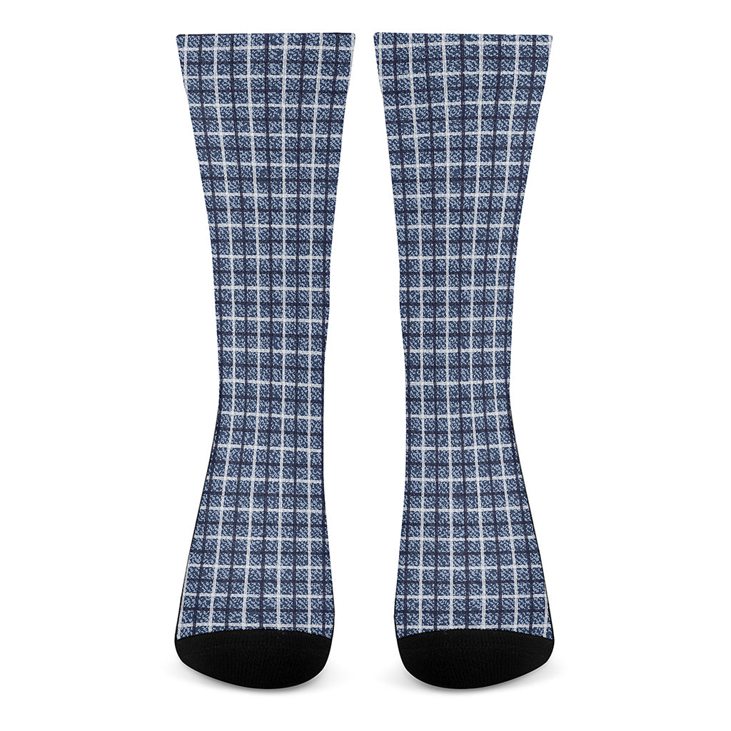 Denim Tattersall Pattern Print Crew Socks