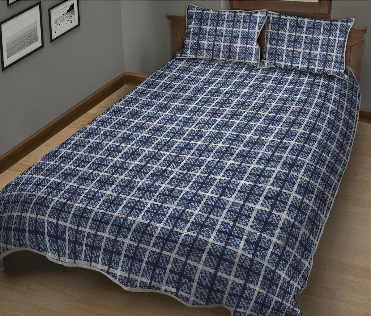 Denim Tattersall Pattern Print Quilt Bed Set