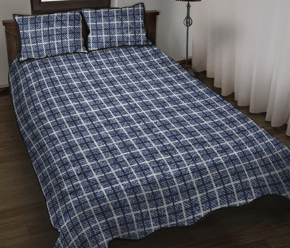 Denim Tattersall Pattern Print Quilt Bed Set