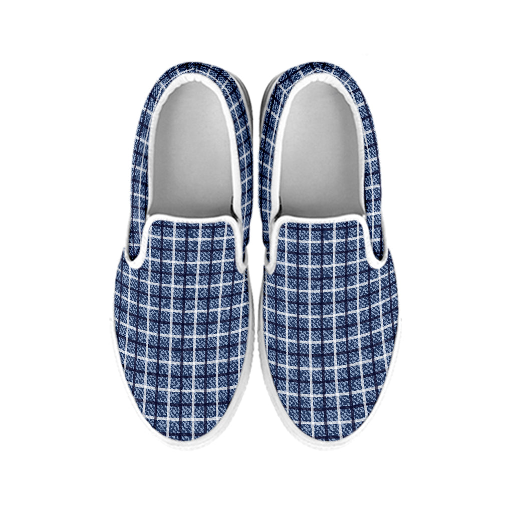 Denim Tattersall Pattern Print White Slip On Shoes