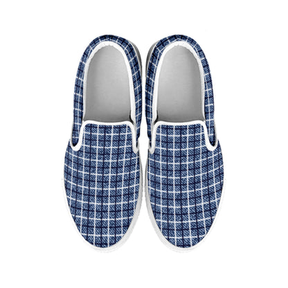 Denim Tattersall Pattern Print White Slip On Shoes