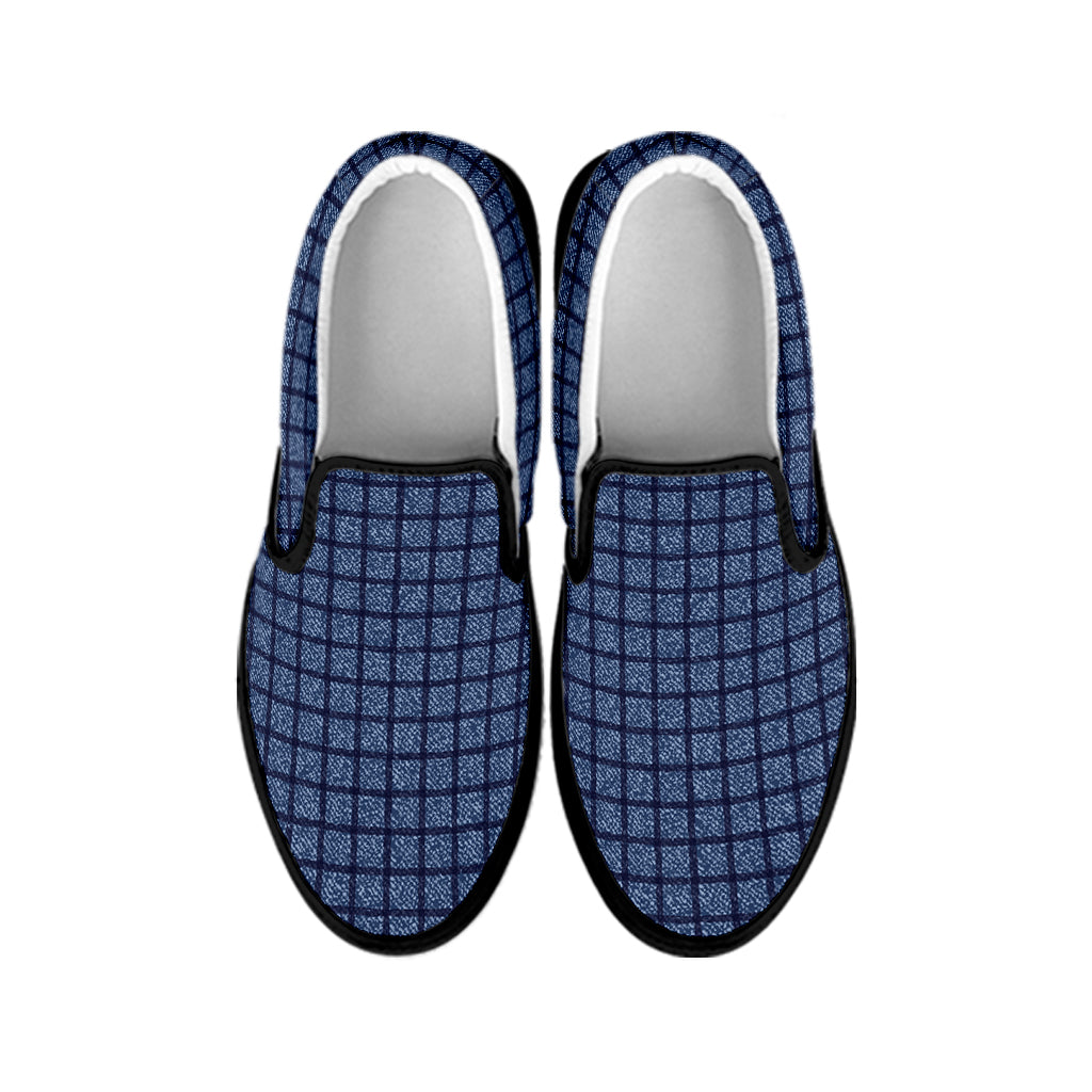 Denim Windowpane Pattern Print Black Slip On Shoes