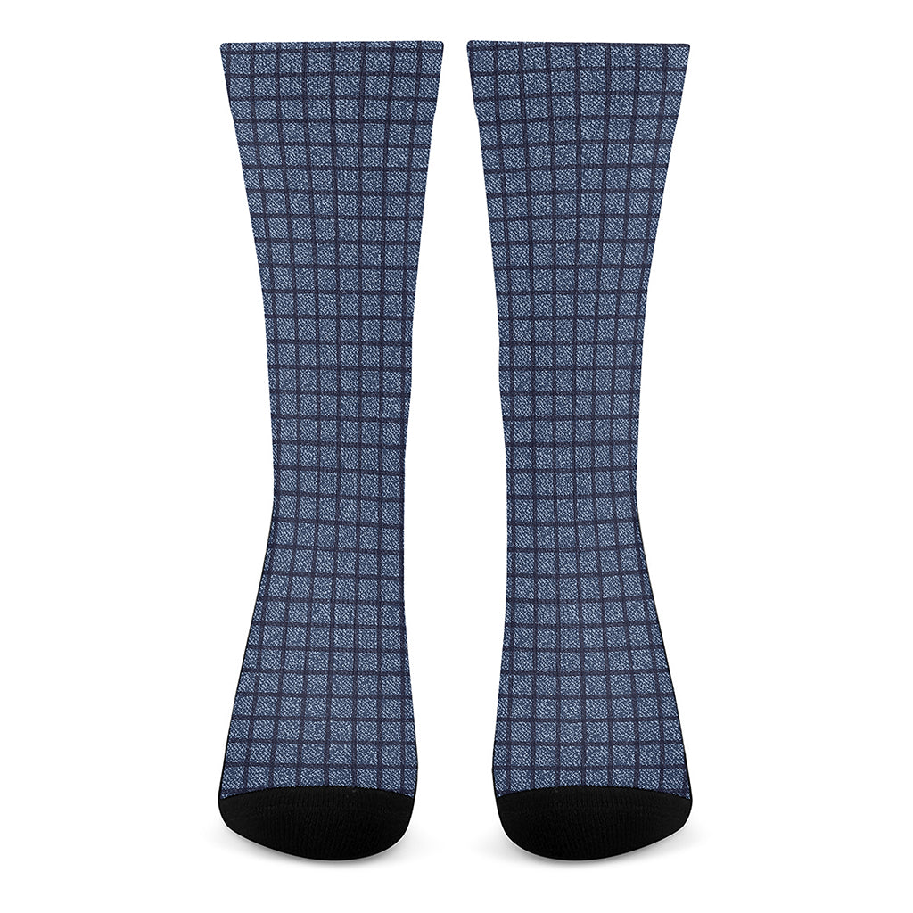 Denim Windowpane Pattern Print Crew Socks