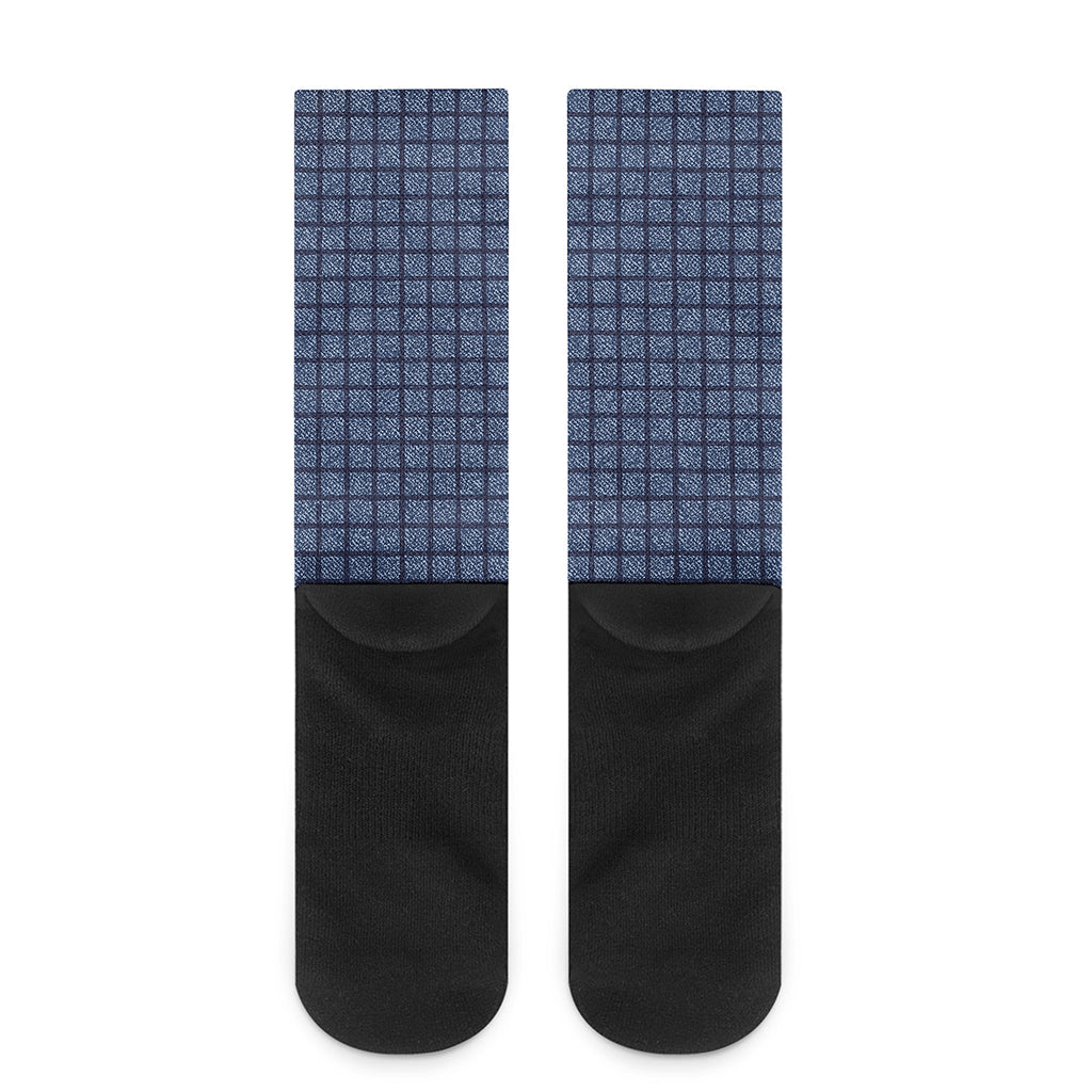 Denim Windowpane Pattern Print Crew Socks