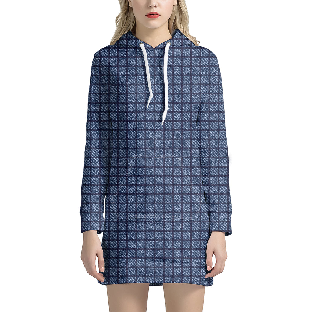 Denim Windowpane Pattern Print Hoodie Dress