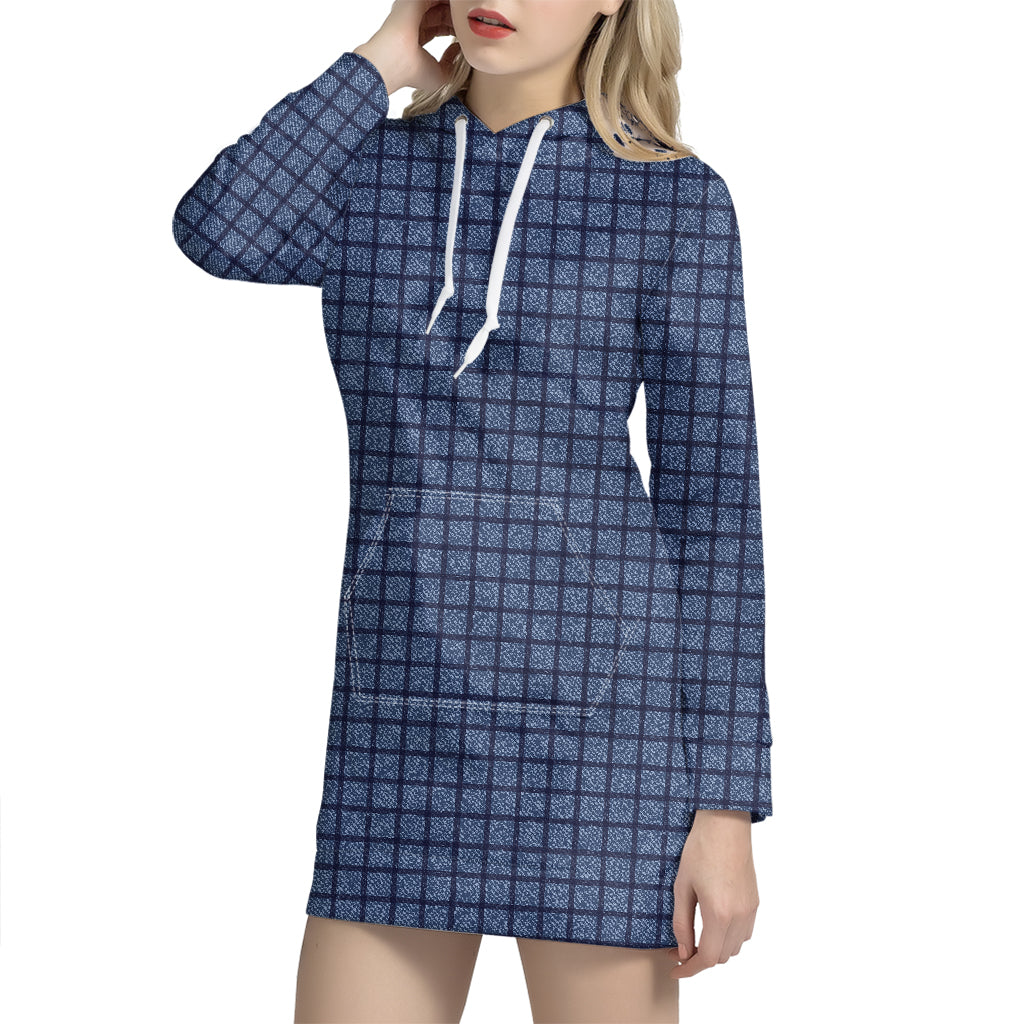 Denim Windowpane Pattern Print Hoodie Dress