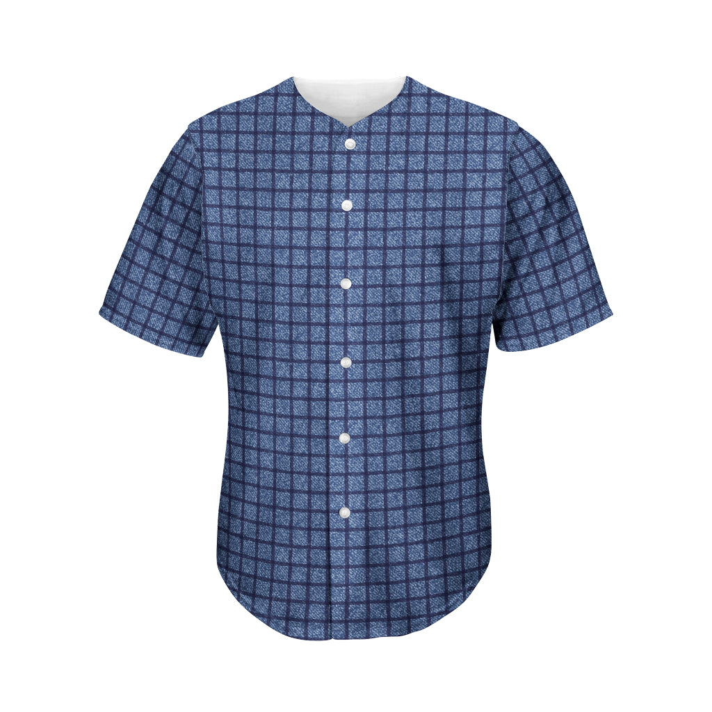 Denim Windowpane Pattern Print Men's Baseball Jersey