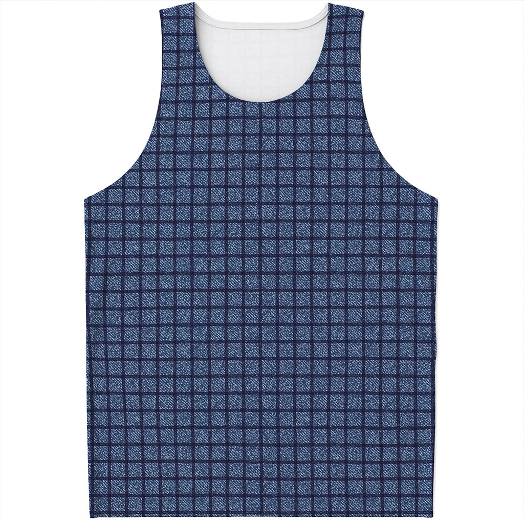 Denim Windowpane Pattern Print Men's Tank Top