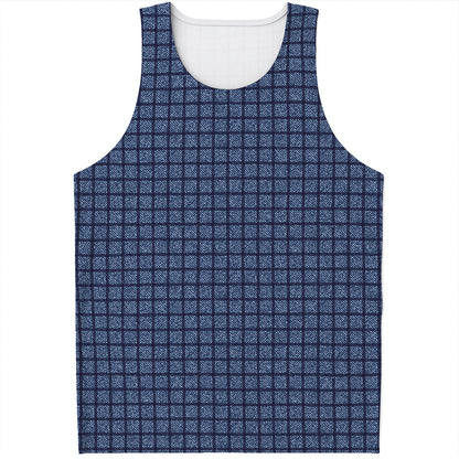 Denim Windowpane Pattern Print Men's Tank Top