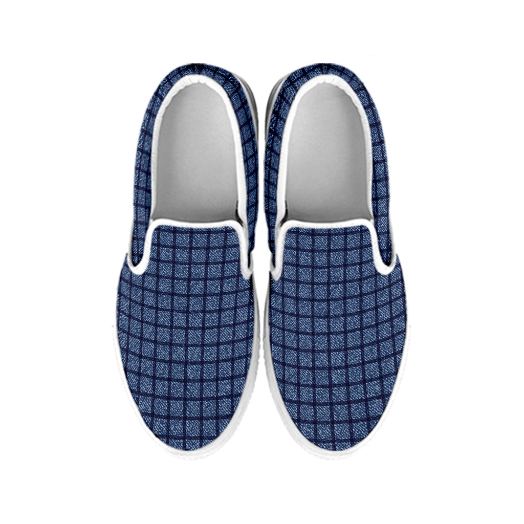 Denim Windowpane Pattern Print White Slip On Shoes