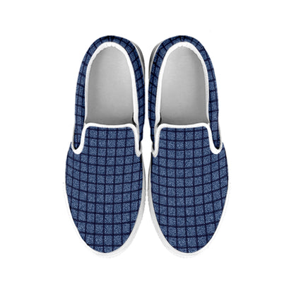 Denim Windowpane Pattern Print White Slip On Shoes