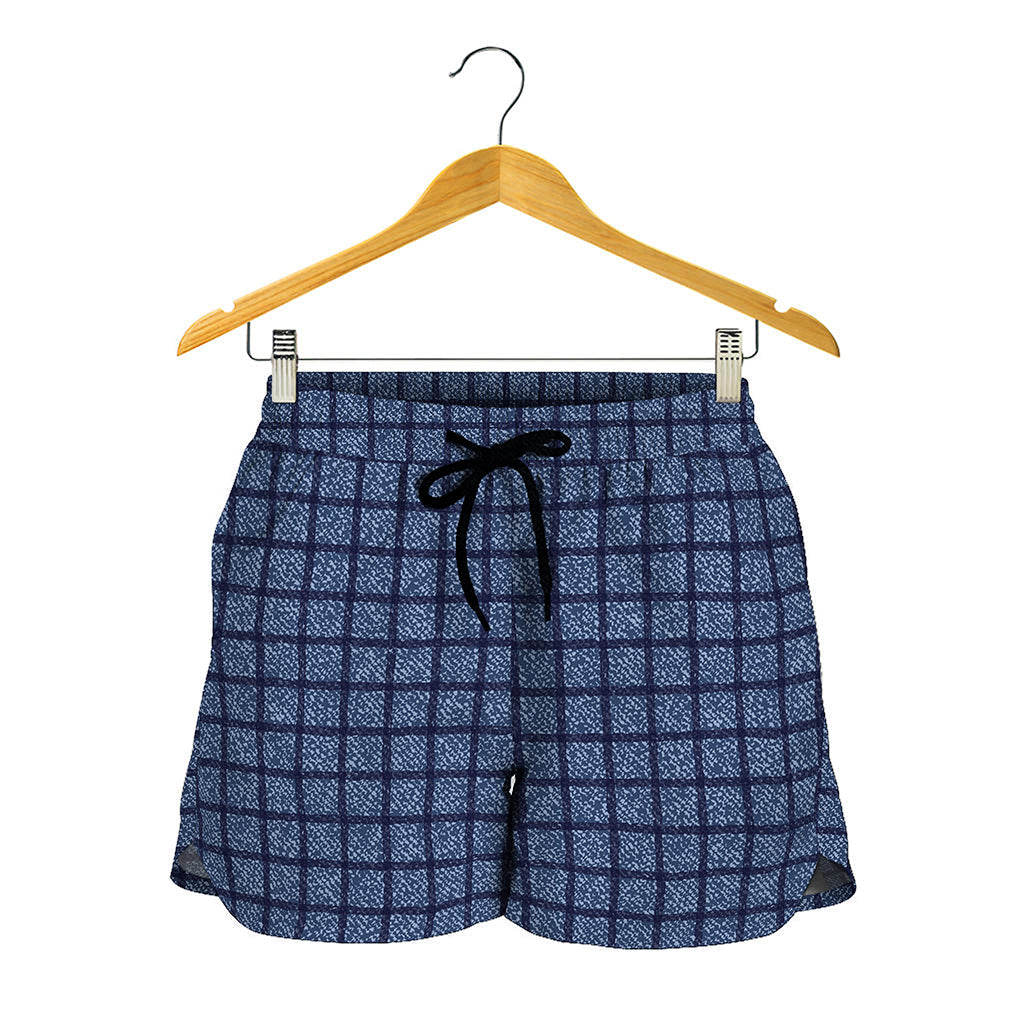 Denim Windowpane Pattern Print Women's Shorts