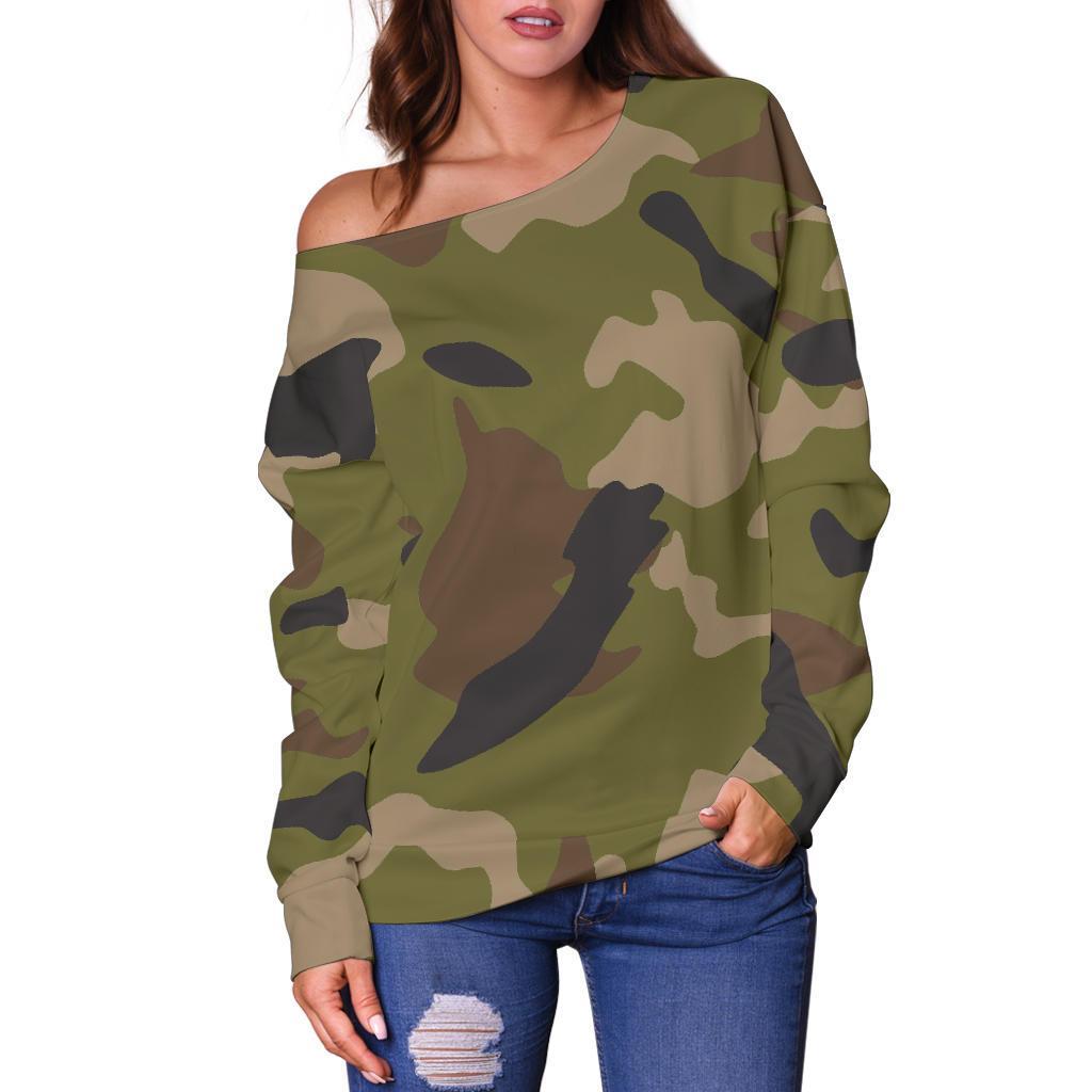 Desert Green Camouflage Print Off Shoulder Sweatshirt GearFrost