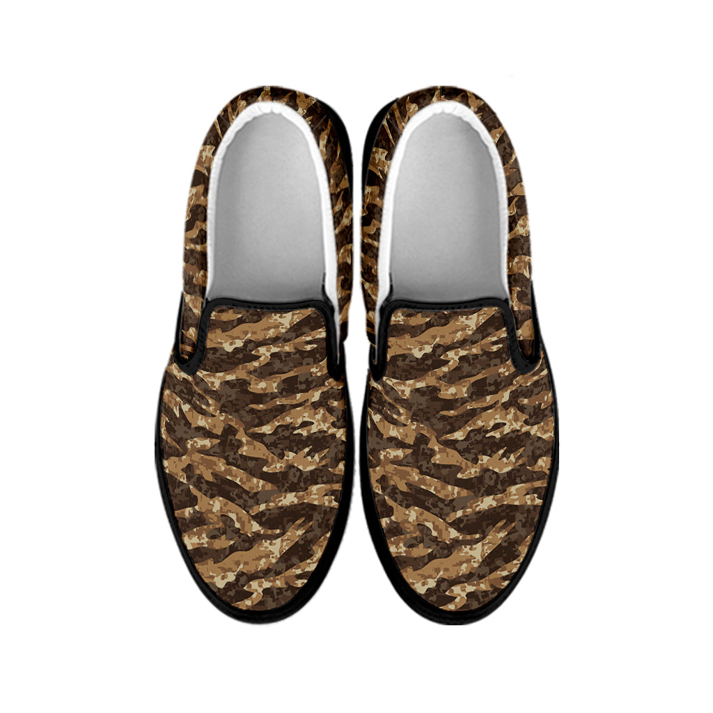 Desert Tiger Stripe Camouflage Print Black Slip On Shoes