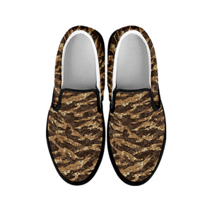 Desert Tiger Stripe Camouflage Print Black Slip On Shoes