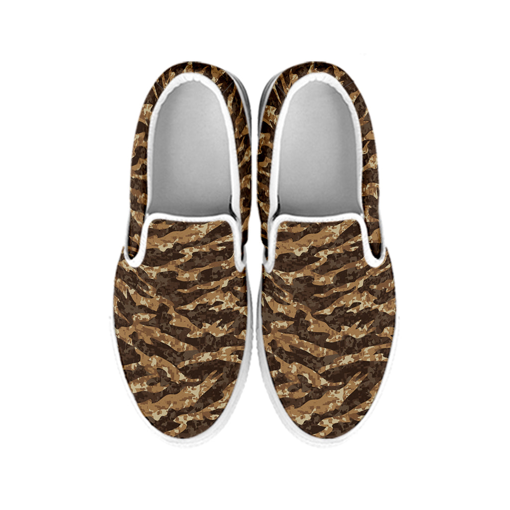 Desert Tiger Stripe Camouflage Print White Slip On Shoes