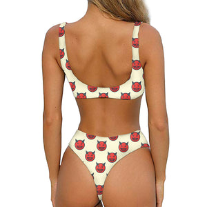 Devil Emoji Pattern Print Front Bow Tie Bikini