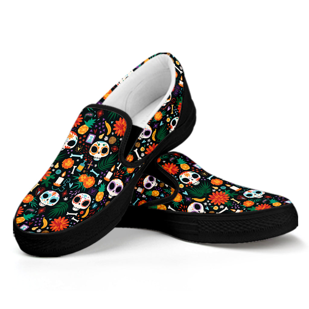 Dia De Los Muertos Day Of The Dead Print Black Slip On Shoes