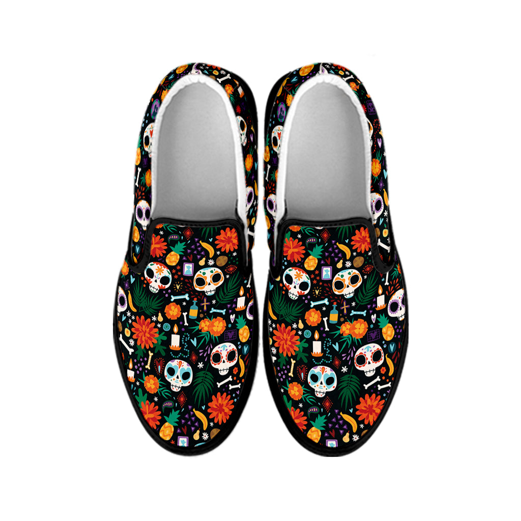 Dia De Los Muertos Day Of The Dead Print Black Slip On Shoes