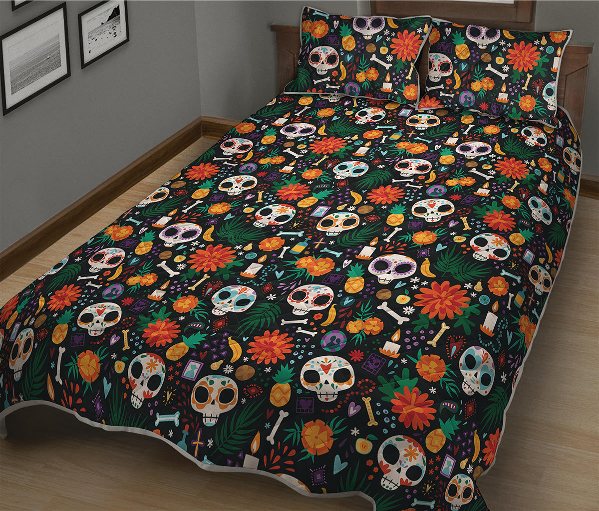 Dia De Los Muertos Day Of The Dead Print Quilt Bed Set