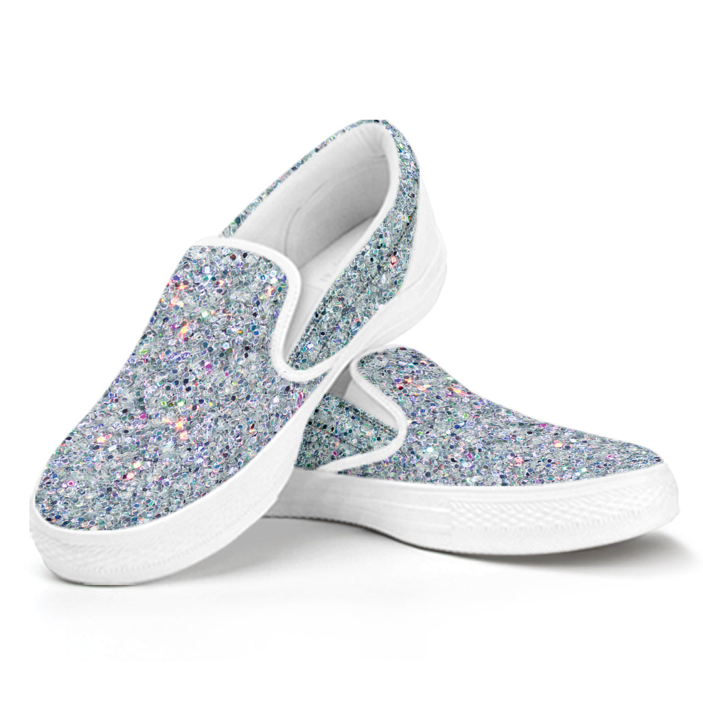 Diamond Glitter Texture Print White Slip On Shoes