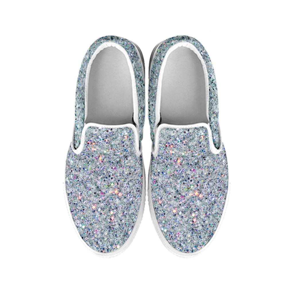 Diamond Glitter Texture Print White Slip On Shoes