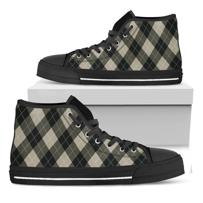 Diamond Shapes Argyle Pattern Print Black High Top Shoes