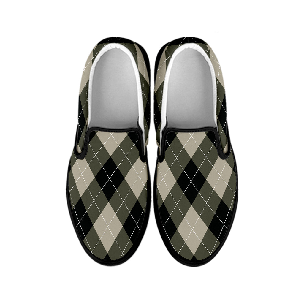 Diamond Shapes Argyle Pattern Print Black Slip On Shoes