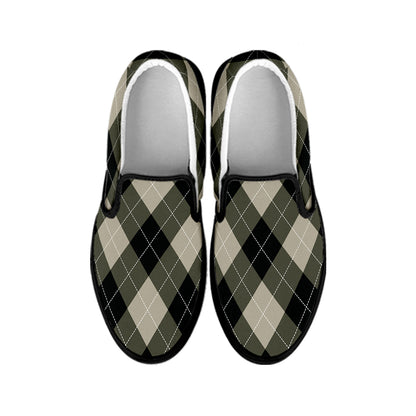 Diamond Shapes Argyle Pattern Print Black Slip On Shoes