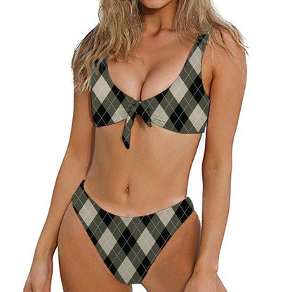 Diamond Shapes Argyle Pattern Print Front Bow Tie Bikini