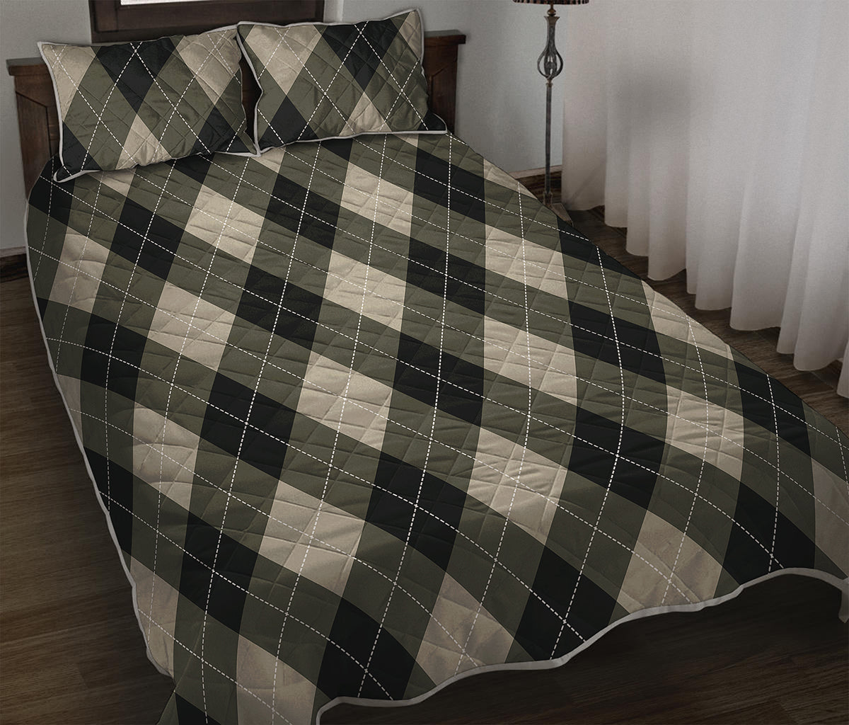 Diamond Shapes Argyle Pattern Print Quilt Bed Set