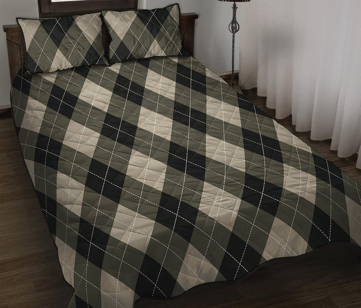Diamond Shapes Argyle Pattern Print Quilt Bed Set