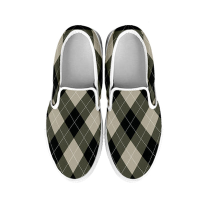 Diamond Shapes Argyle Pattern Print White Slip On Shoes