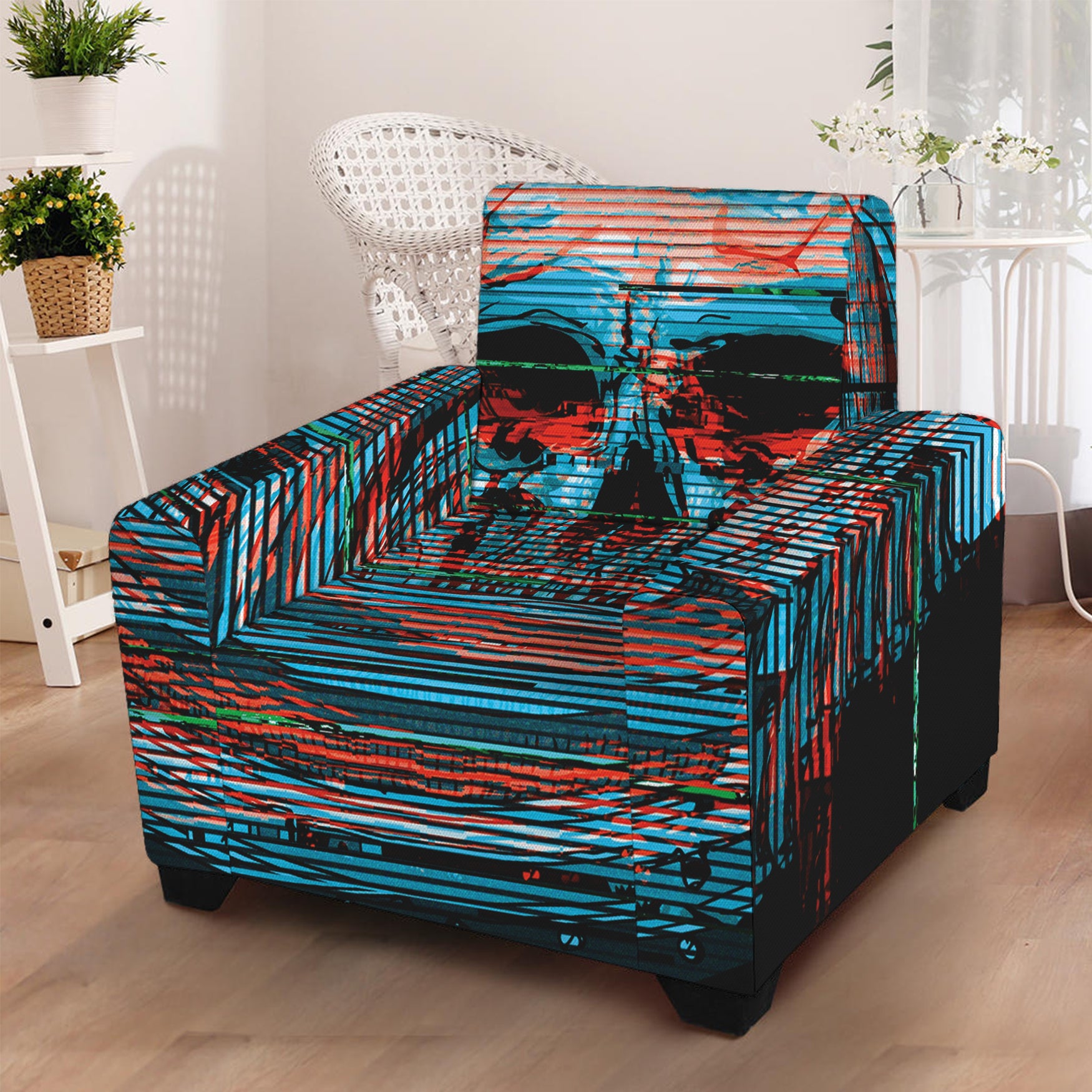 Digital Glitch Astronaut Skull Print Armchair Slipcover