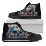 Digital Glitch Astronaut Skull Print Black High Top Shoes