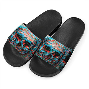 Digital Glitch Astronaut Skull Print Black Slide Sandals