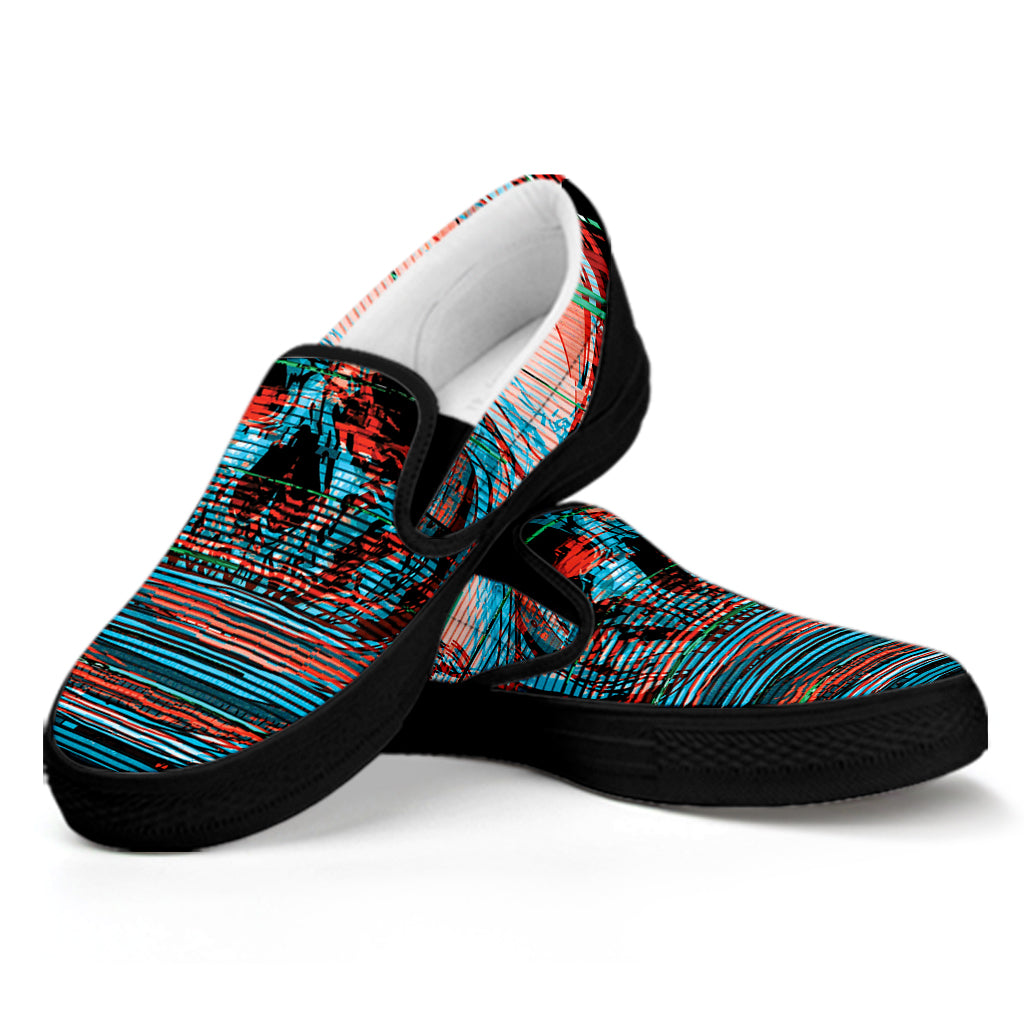 Digital Glitch Astronaut Skull Print Black Slip On Shoes