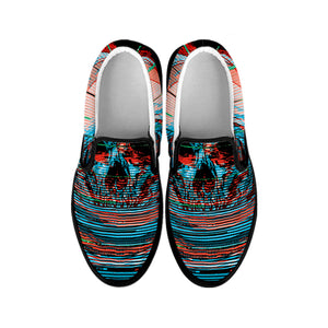 Digital Glitch Astronaut Skull Print Black Slip On Shoes