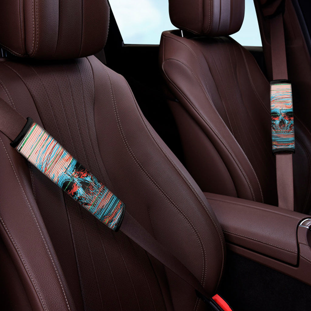 Digital Glitch Astronaut Skull Print Car Seat Belt Covers