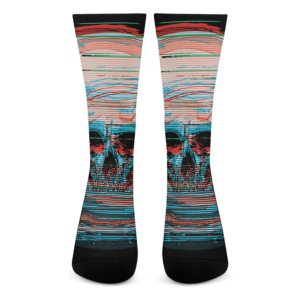 Digital Glitch Astronaut Skull Print Crew Socks
