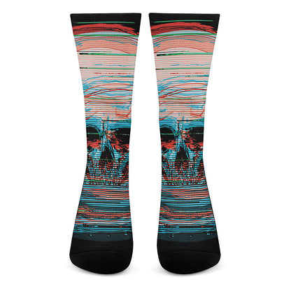 Digital Glitch Astronaut Skull Print Crew Socks