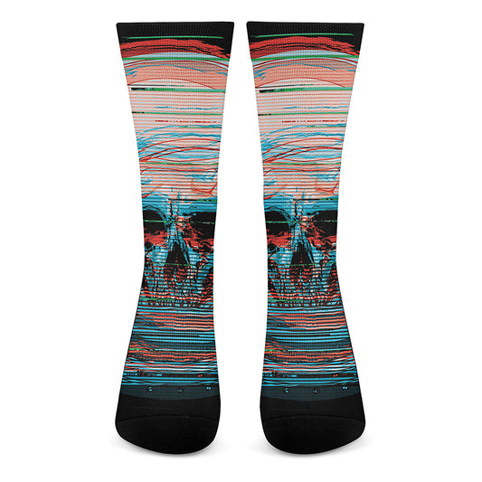 Digital Glitch Astronaut Skull Print Crew Socks