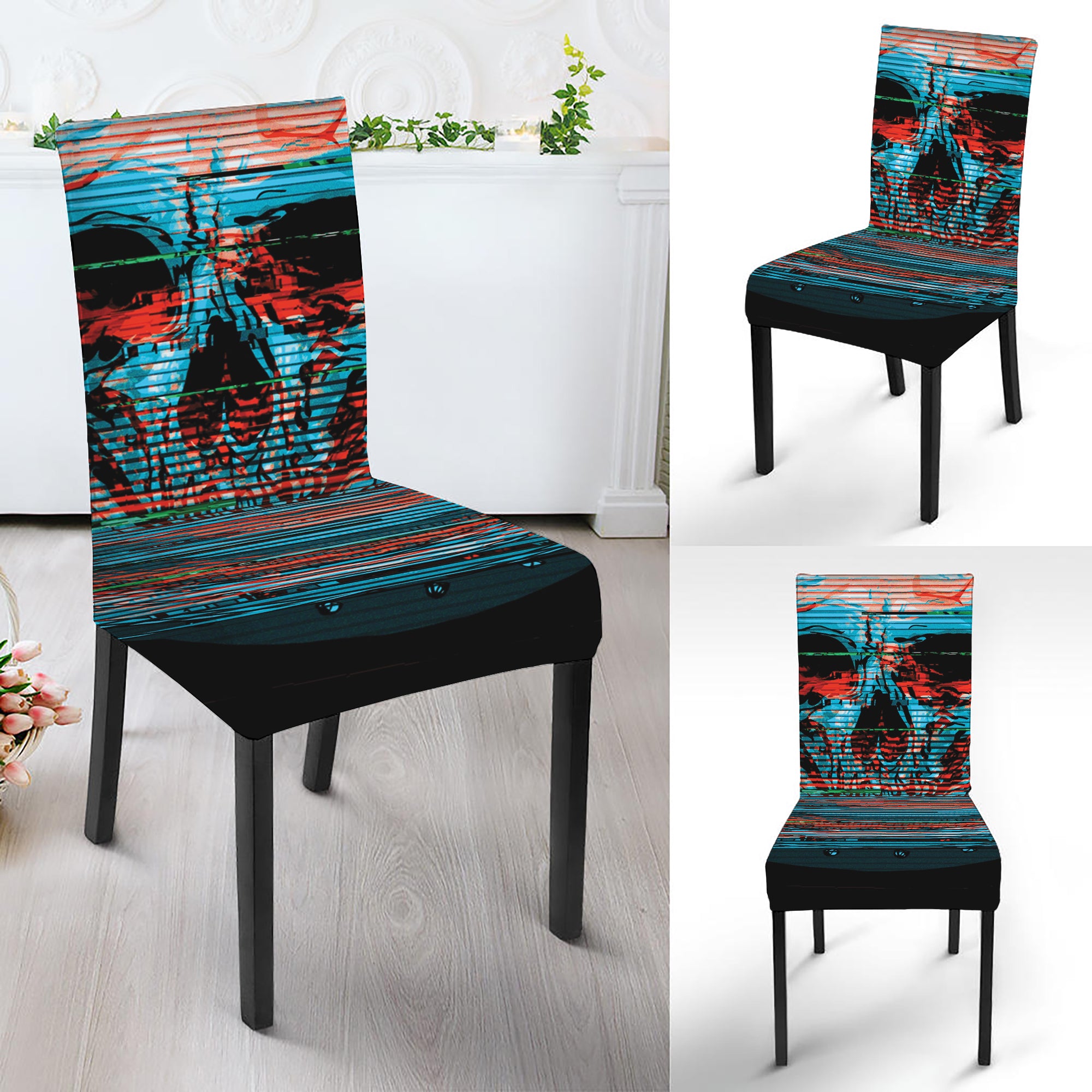 Digital Glitch Astronaut Skull Print Dining Chair Slipcover