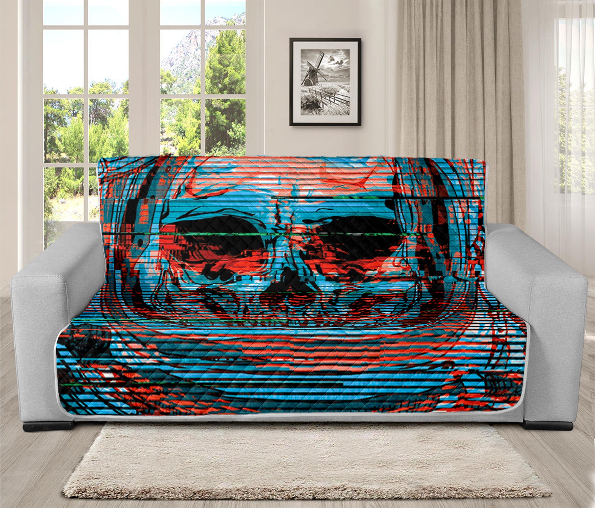 Digital Glitch Astronaut Skull Print Futon Protector