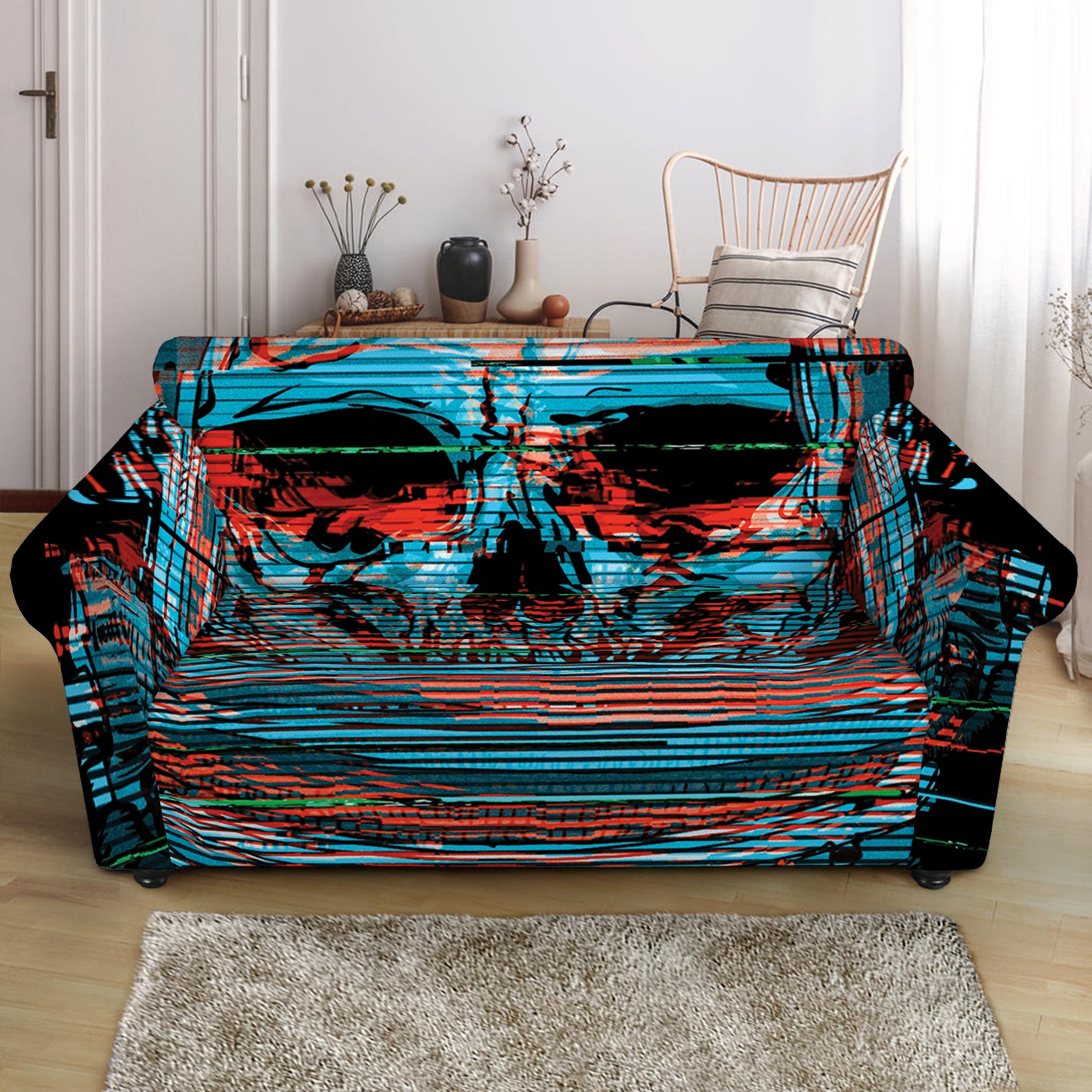 Digital Glitch Astronaut Skull Print Loveseat Slipcover