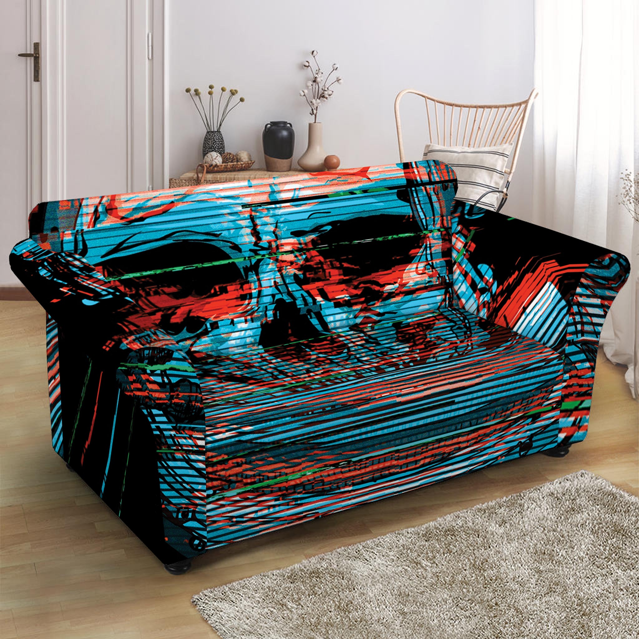 Digital Glitch Astronaut Skull Print Loveseat Slipcover