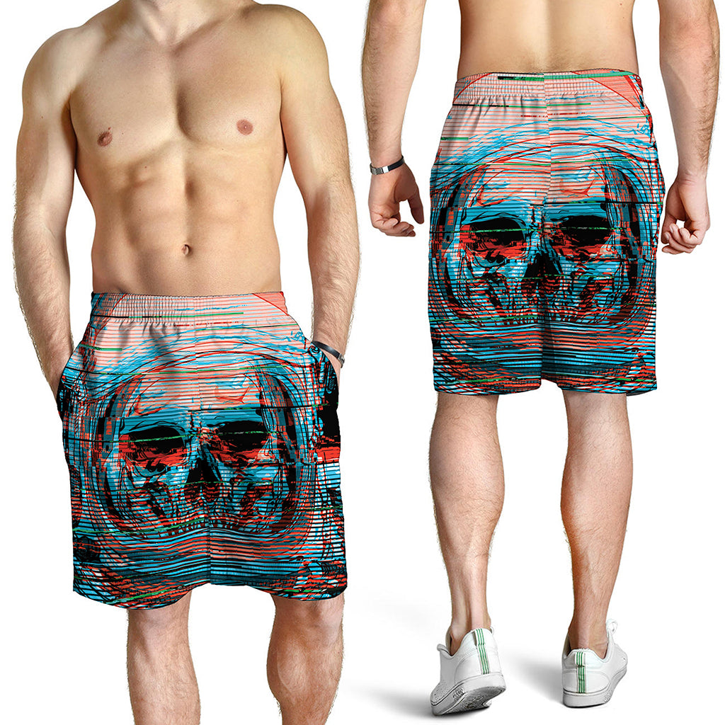 Digital Glitch Astronaut Skull Print Men's Shorts