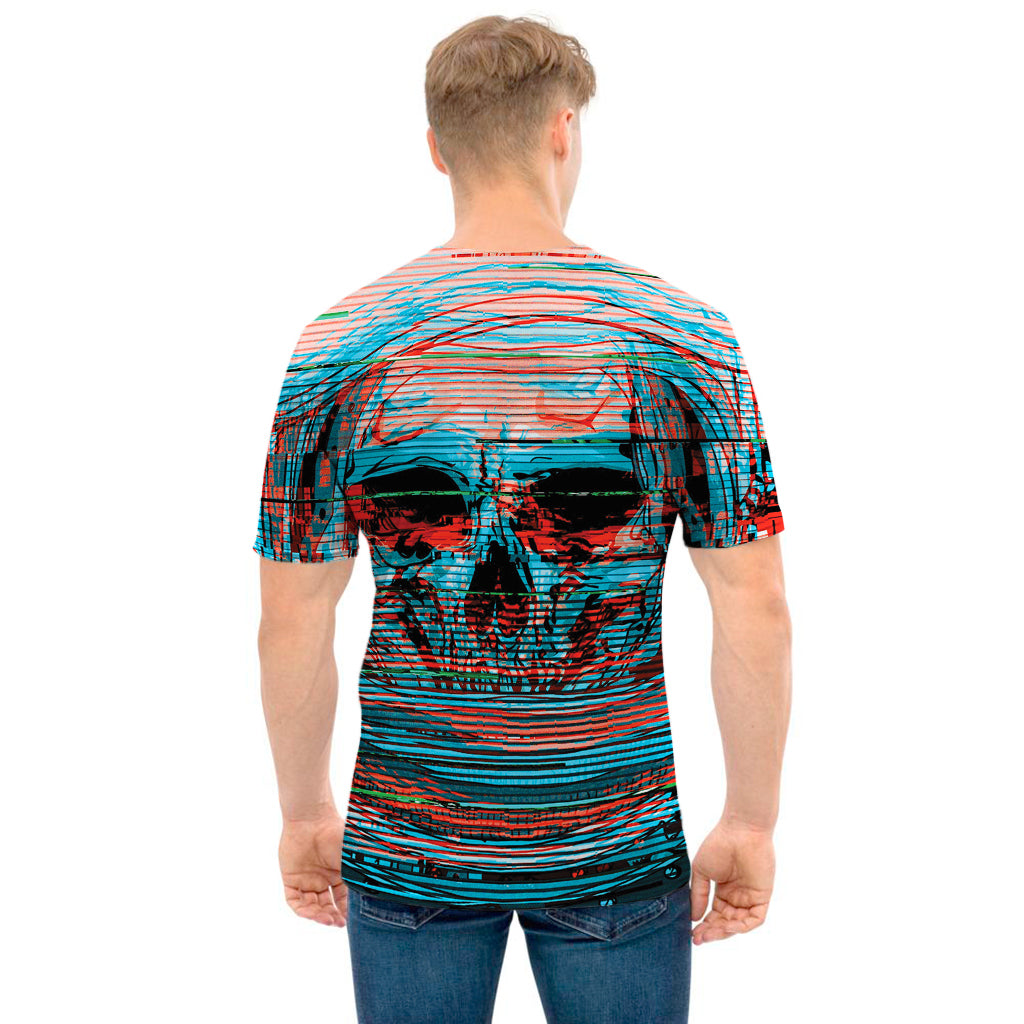 Digital Glitch Astronaut Skull Print Men's T-Shirt