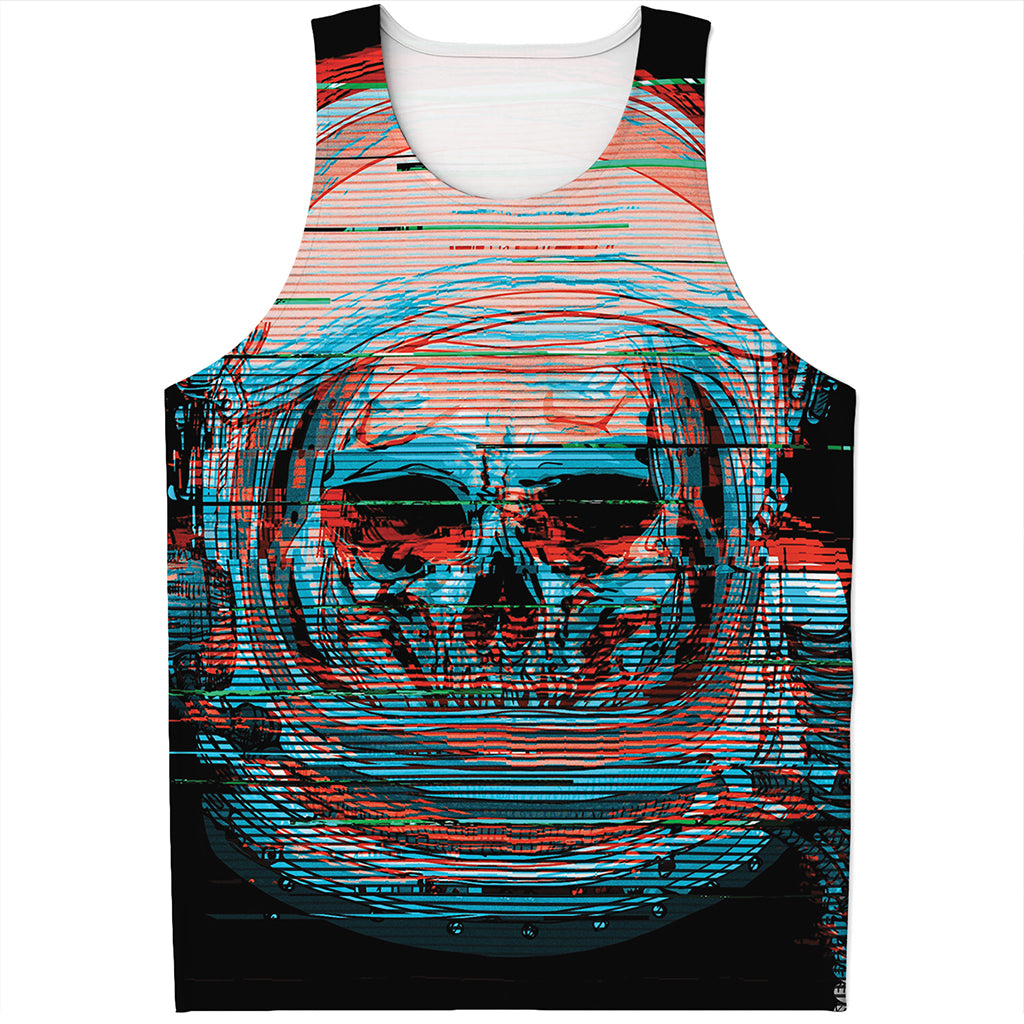 Digital Glitch Astronaut Skull Print Men's Tank Top